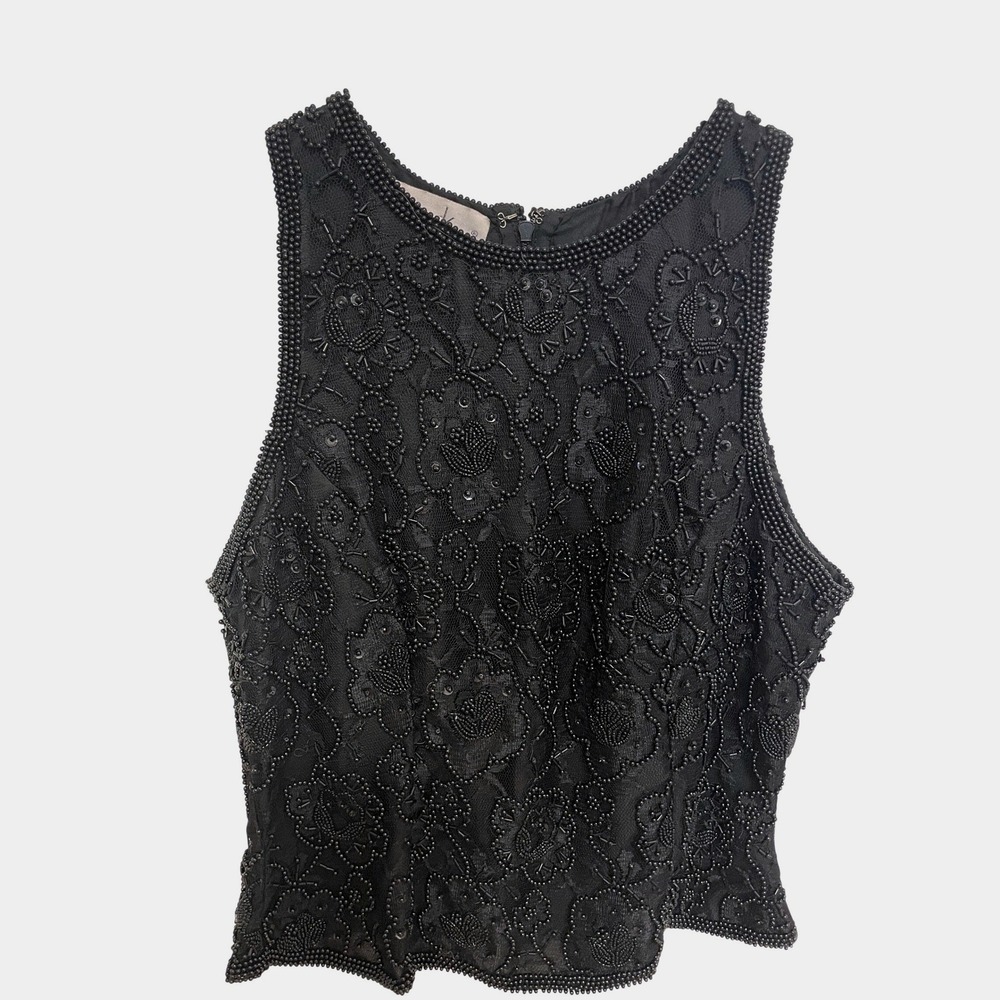 Vintage Top Black Beaded Floral Lace Laurence Kazar Sleeveless